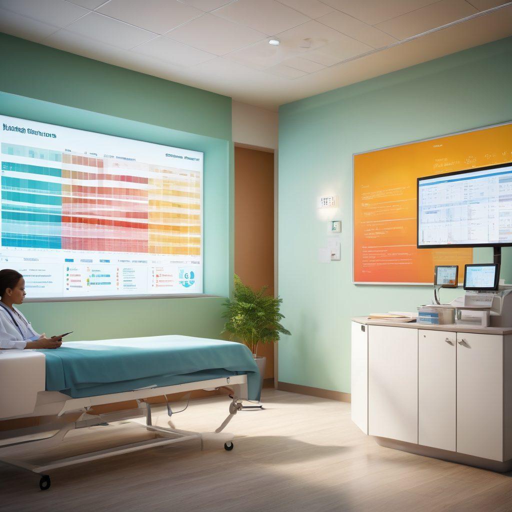 A compassionate healthcare provider interacting with a diverse group of patients in a bright and modern clinic setting, showcasing ARDS educational materials and clinical resources. The environment is warm and inviting, with charts and infographics on the walls visualizing lung health and patient care strategies. Include elements like a bedside monitor displaying patient data and empathy-driven interaction. The overall tone is uplifting and informative. super-realistic. vibrant colors. 3D.